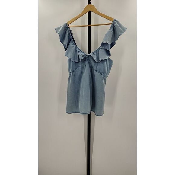 French Connection Ruffled Chambray Top Blue Sleeved 6 - Picture 2 of 3